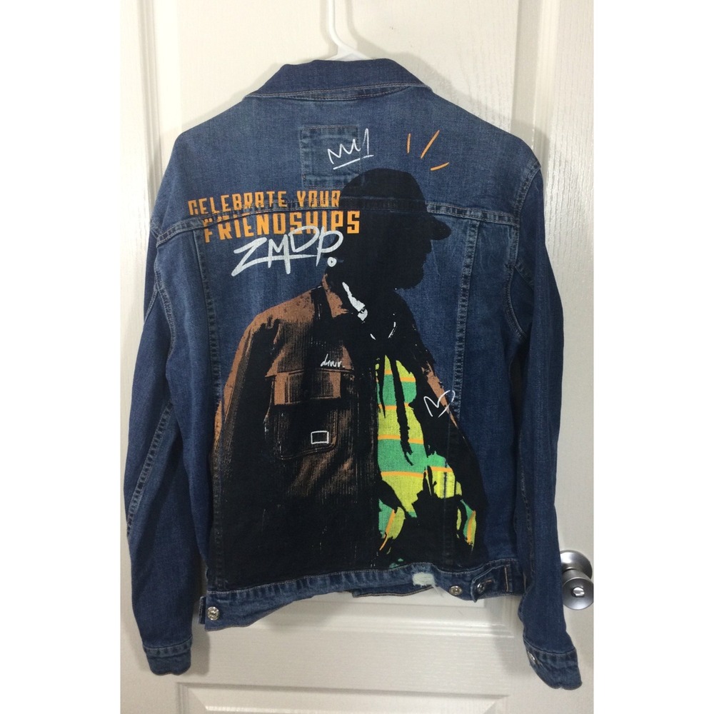 Zara Denim Jacket Mens M Trucker Bomber Celebrate Your Friendships Distressed